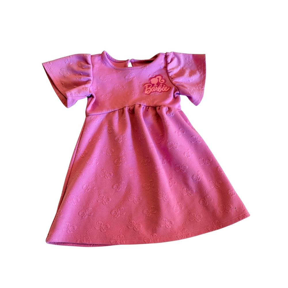 Barbie Girls Pink Embossed Bow Flutter Sleeve Dress Size 3T Logo Patch